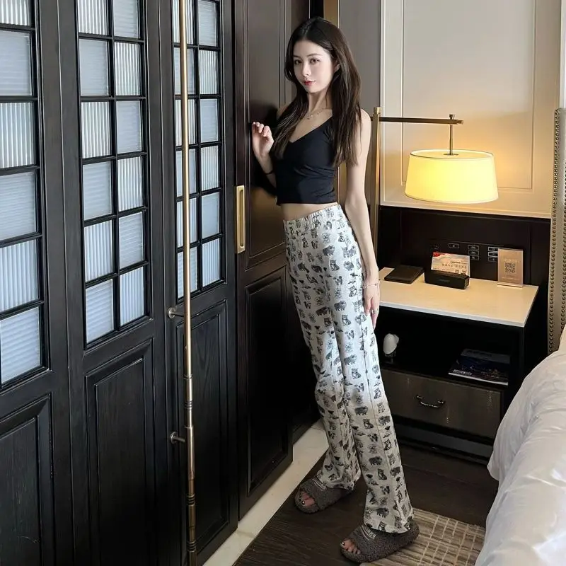 Casual All-in-one Printed Micro Cropped Pants Spring and Summer High Waist Hanging Sense Slim Straight Horseshoe Pants