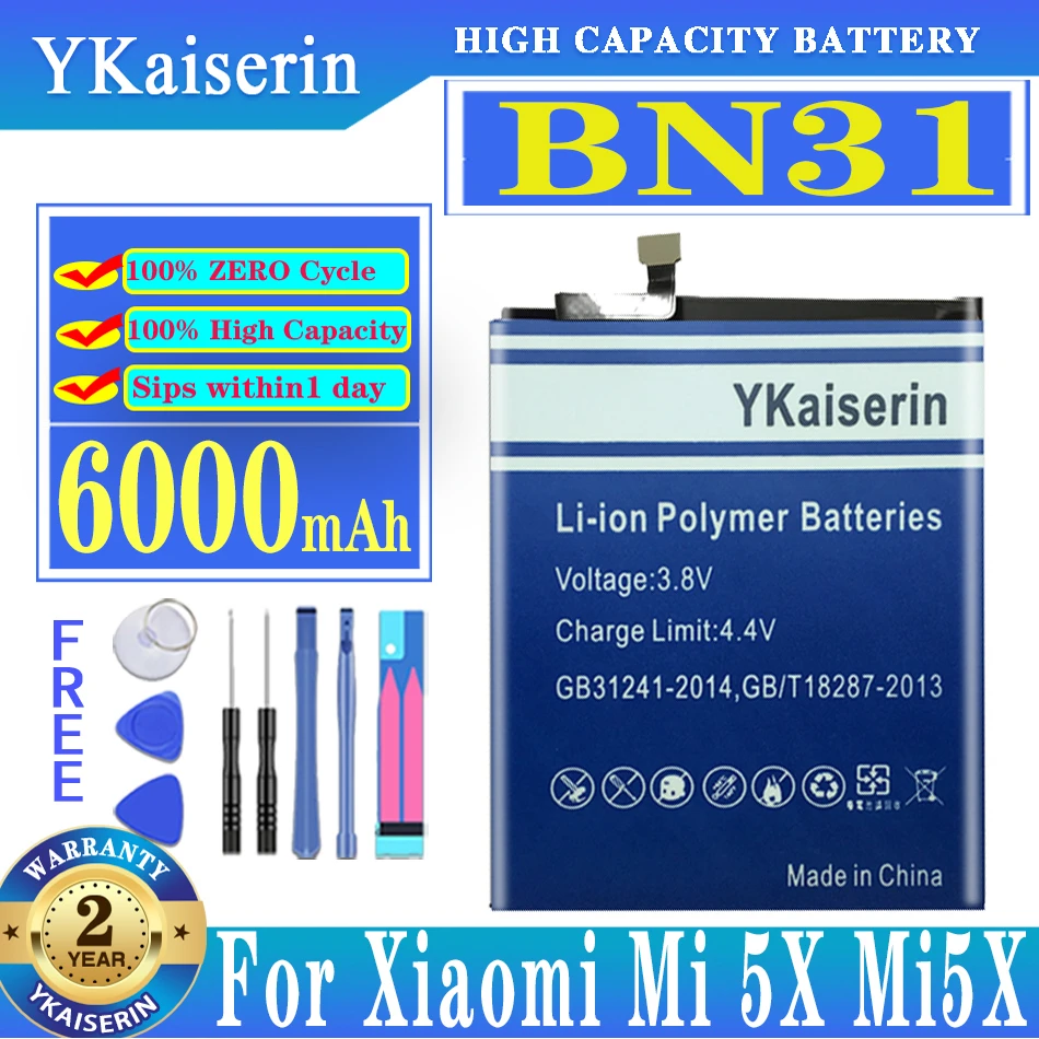 

YKaiserin Battery BN31 BN 31 6000mAh For Xiaomi Mi 5X Mi5X/For Redmi Note 5A /For Redmi Note 5A Pro Batteria + Free Tools
