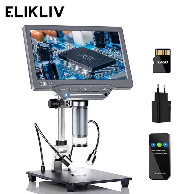 

Elikliv EDM201 SE 1200X 7" Digital Microscope for Electronics Soldering with 10'' Stand IPS Screen 12MP Repair Coin Microscopio