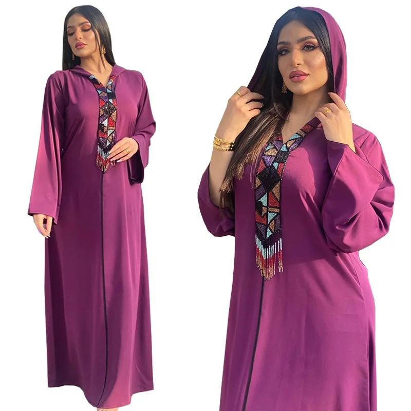 Abayas for Women Middle Eastern Muslim Hooded Colorful Beading Jalabia National Saudi Dubai Women Dress Robe Femme Musulmane