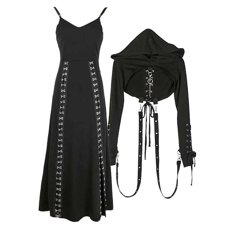Halloween Dark Punk Suspender Dress Women Gothic Crop Top Hoodies Long Witch Cosplay Costumes Off Shoulder Slit Long Dress