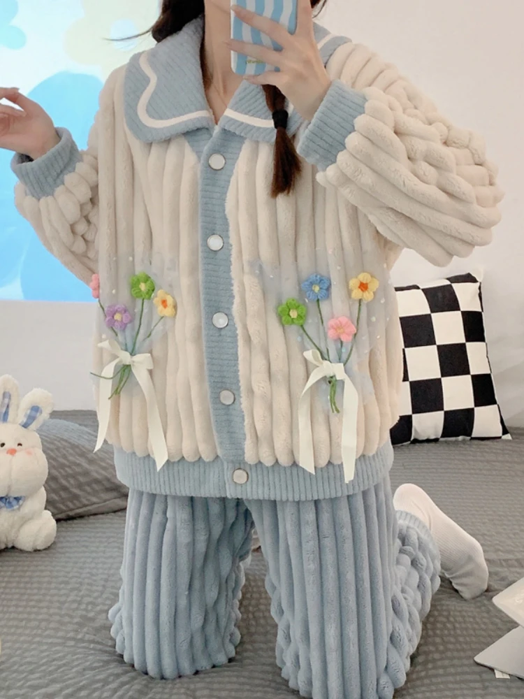 New  Women's Pajamas Set Winter Leisure Elastic Thicken Warm Flannel Sleepwear Set Embroider Women Long Sleeve Girl Homewear
