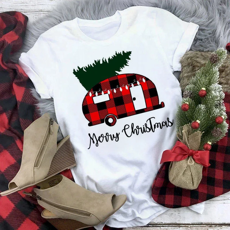 

Merry Christmas Printed Tops O-neck T Shirt Female Clothes Fashion Kawaii Tops Christmas Truck Leopard Plaid Trees Women T-shirt