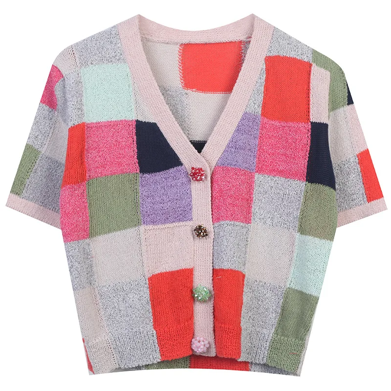 

Свитер с коротким рукавом, кардиганы, женские трикотажные укороченные топы, сексуальная летняя Джерси с V-образным вырезом, винтажная женск...