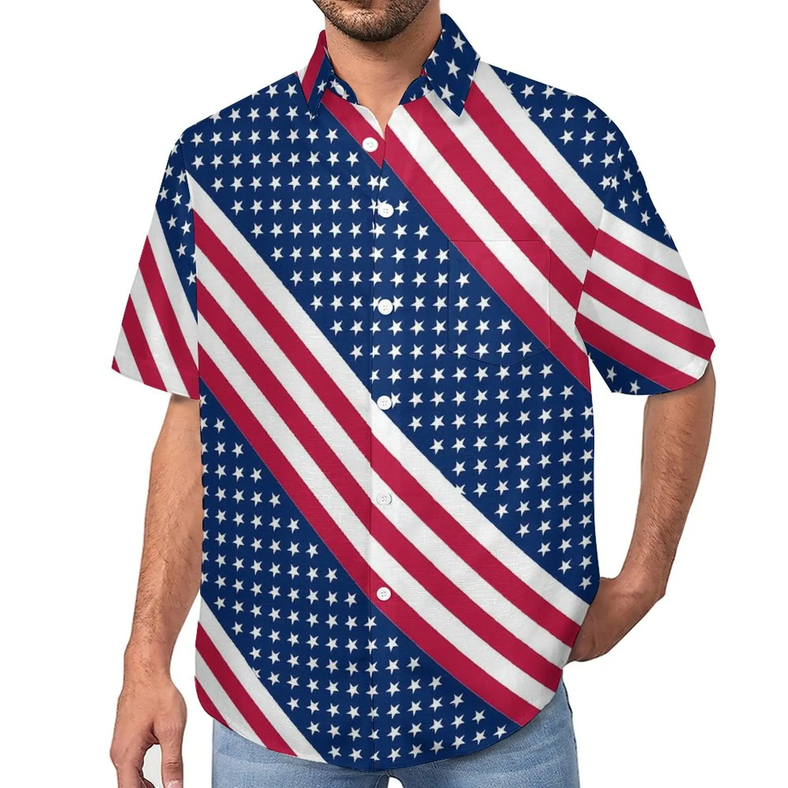 

American Flag Stylish Loose Shirt Man Vacation Stars And Stripes Casual Shirts Hawaiian Print Short Sleeve Street Style Blouses