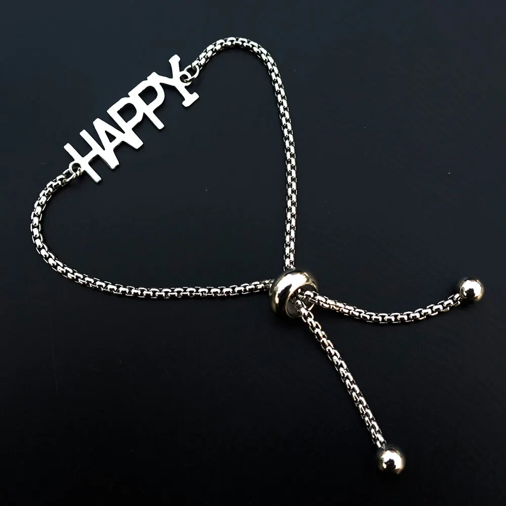

Счастливый браслет из нержавеющей стали с надписью, модные браслеты для мальчиков и девочек, ювелирные изделия, регулируемый размер с цепоч...