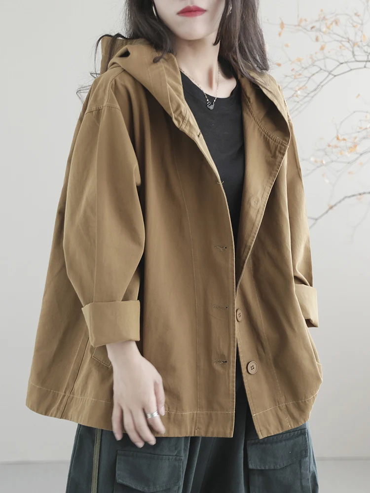 Хлопковая верхняя одежда с капюшоном и длинными рукавами в стиле ретро женская