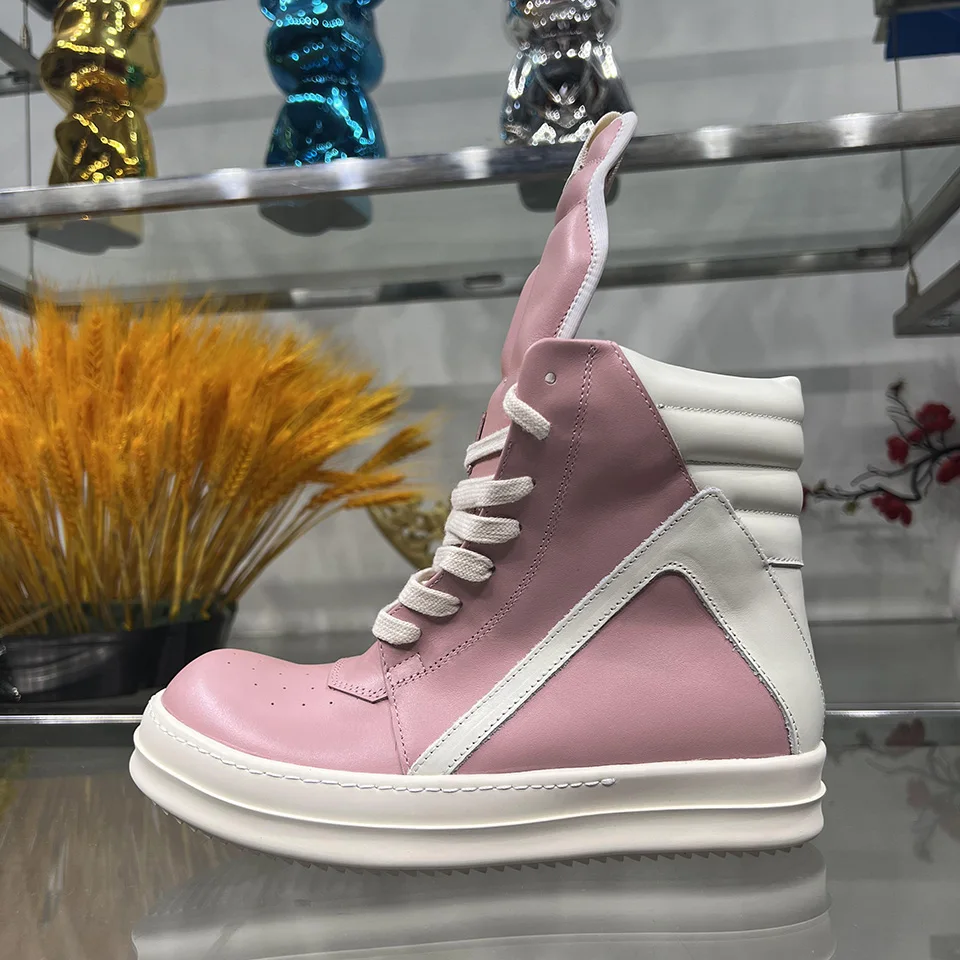 Брендовая повседневная обувь мужские высокие оригинальные розовые кожаные