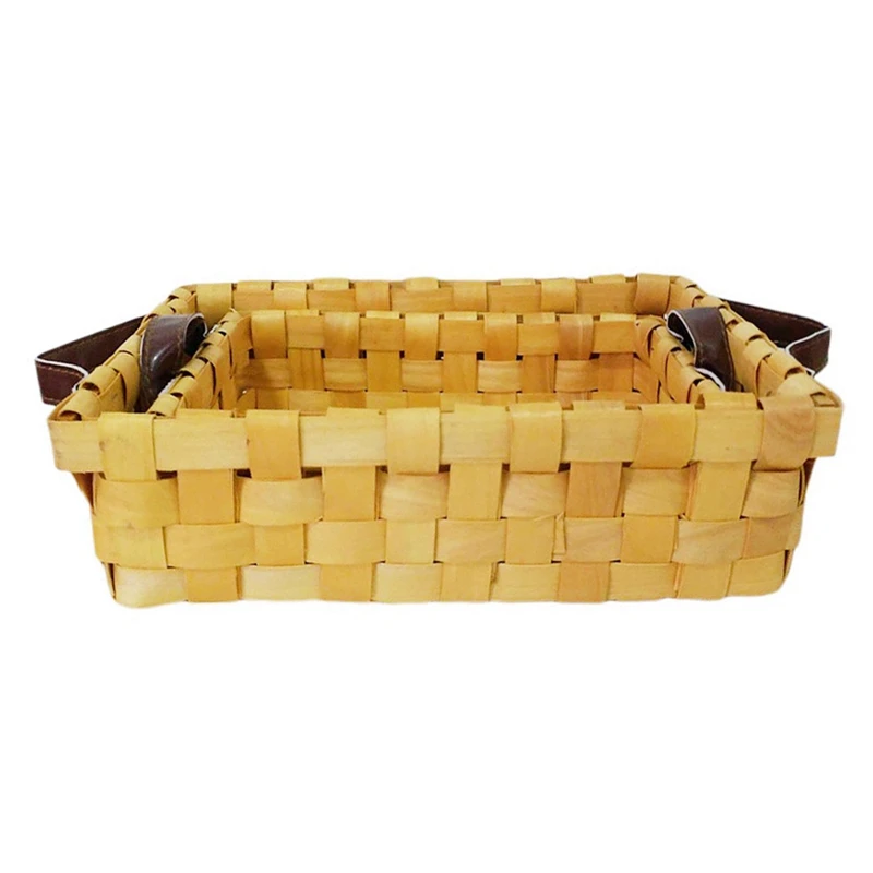 

2Pcs Shelf Baskets Woven Wood Picnic Rectangle Food Storage Box Desktop Container For Rustic Farmhouse Decorations