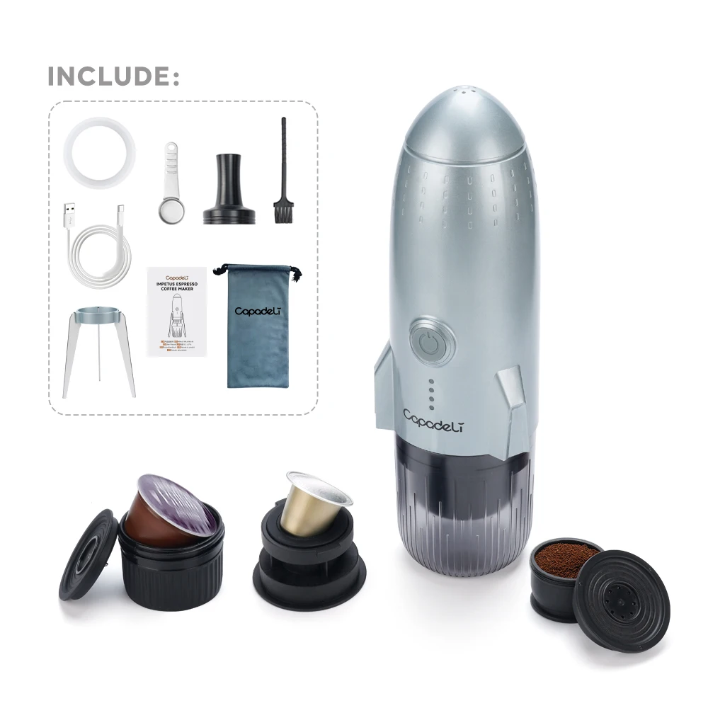 Портативная электрическая эспрессо-машина, дорожная кофеварка для кемпинга, 3 в 1, самонагревающаяся для молотых кофе и капсульных капсул DG NS