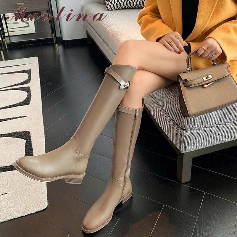 

Meotina Genuine Leather Riding Boots Thick Med Heel Zipper Ladies Boots Round Toe Knee High Boots Autumn Winter Brown Gray 33-42