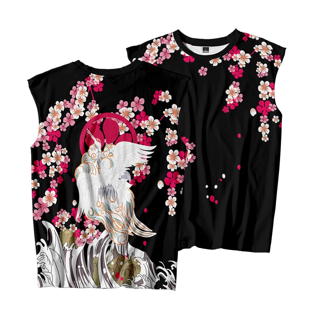 

Men Singlet Bodybuilding Workout Vest Men Fitness Fashion Sleeveless Shirts Black Floral And Crane Print Tank Top