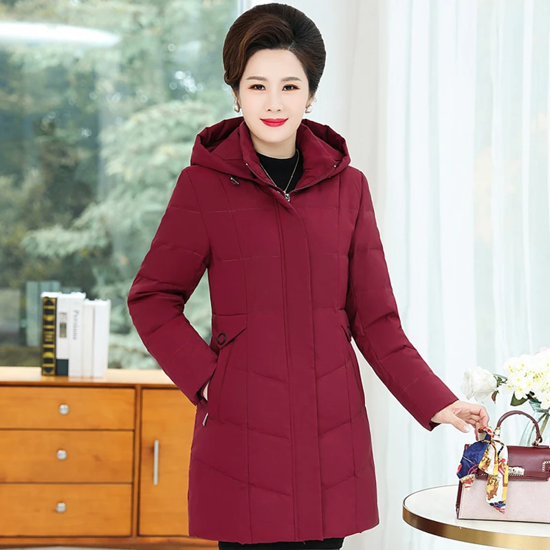 Long Puffer Jacket Woman Winter 2022 New Hooded Middle-aged Female Parkas Thick Warm White Duck Down Coat for Women Overcoat