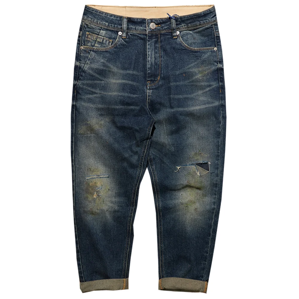 

Тяжелая промышленная стирка использованные масляные окрашенные джинсы мужские прямые брюки с средней талией