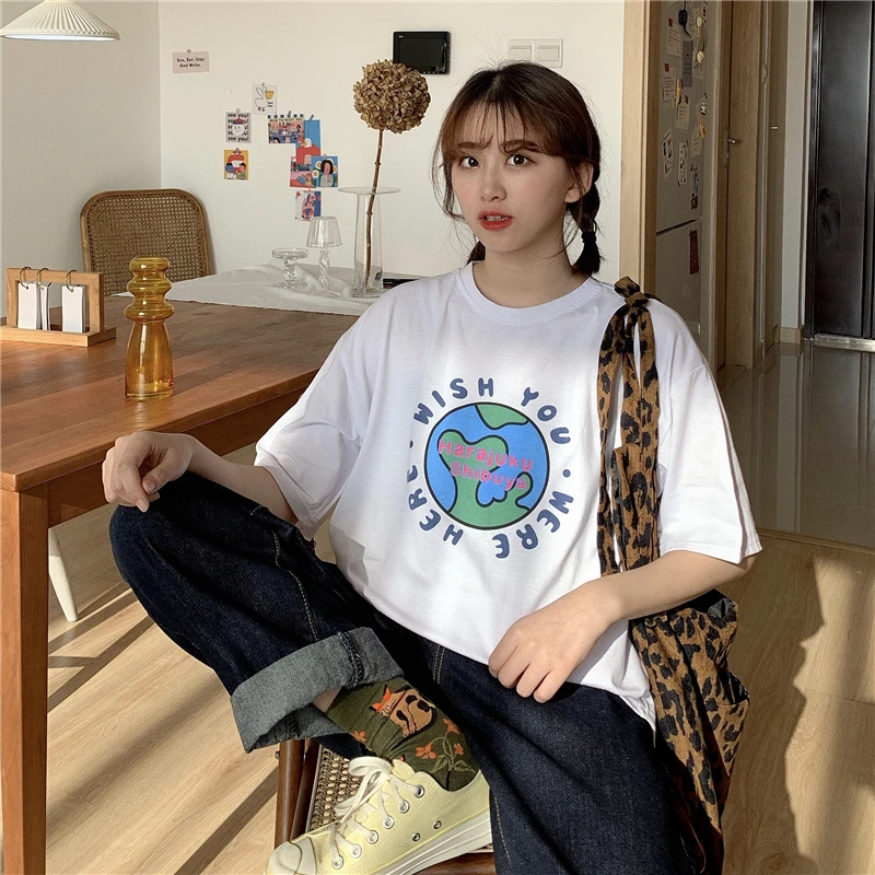 

Женские футболки, топы, японский Kawaii Ulzzang, винтажный принт с буквами, свободная футболка без застежки, Женская Корейская одежда Harajuku для женщин