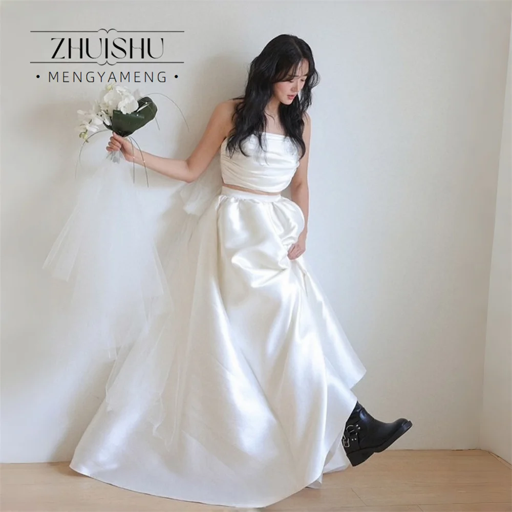 Фото ZHUISHU 2 шт. Корейские свадебные платья без бретелек с плиссировкой из атласа для фотосессий невесты, вечерние платья, корсетные длинные свадебные платья на заказ №1