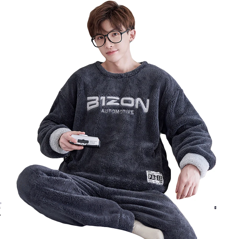 QUHENG 2022 Winter Pajamas Set for Men Autumn Long Sleeved Trousers Round Neck Leisure Coral Fleece Homewear Suit Pajamas Set