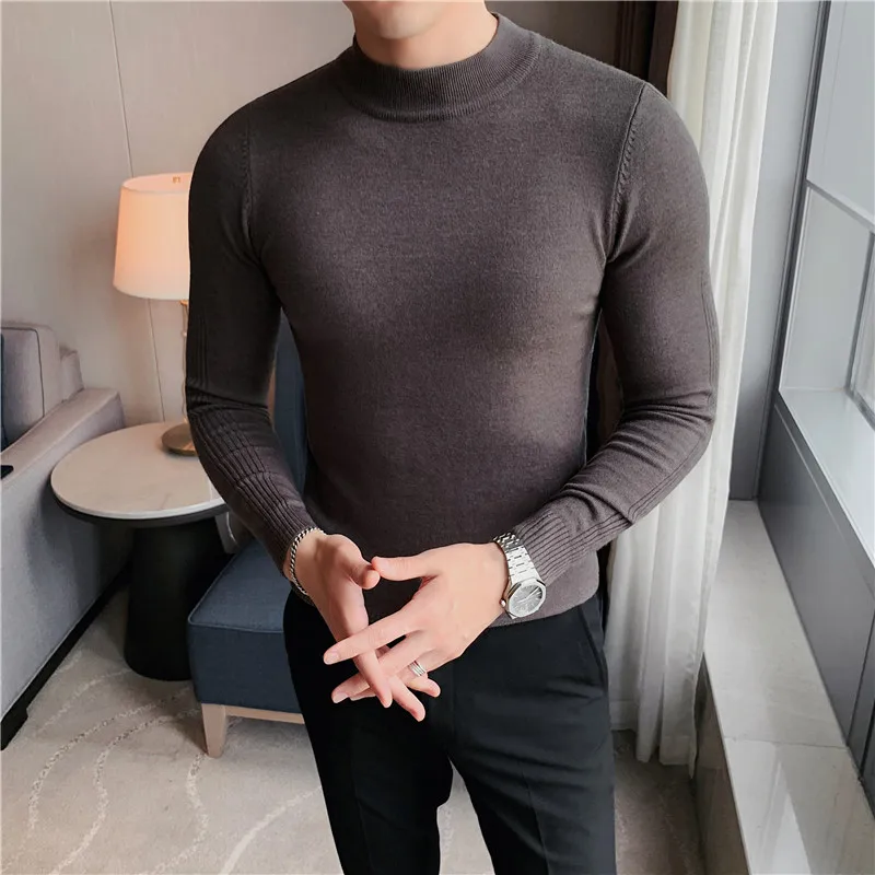 Long Sleeve Half Turtleneck Sweater Men's Knitwear Pullover Simple Warm Slim Bottom Dark Gray