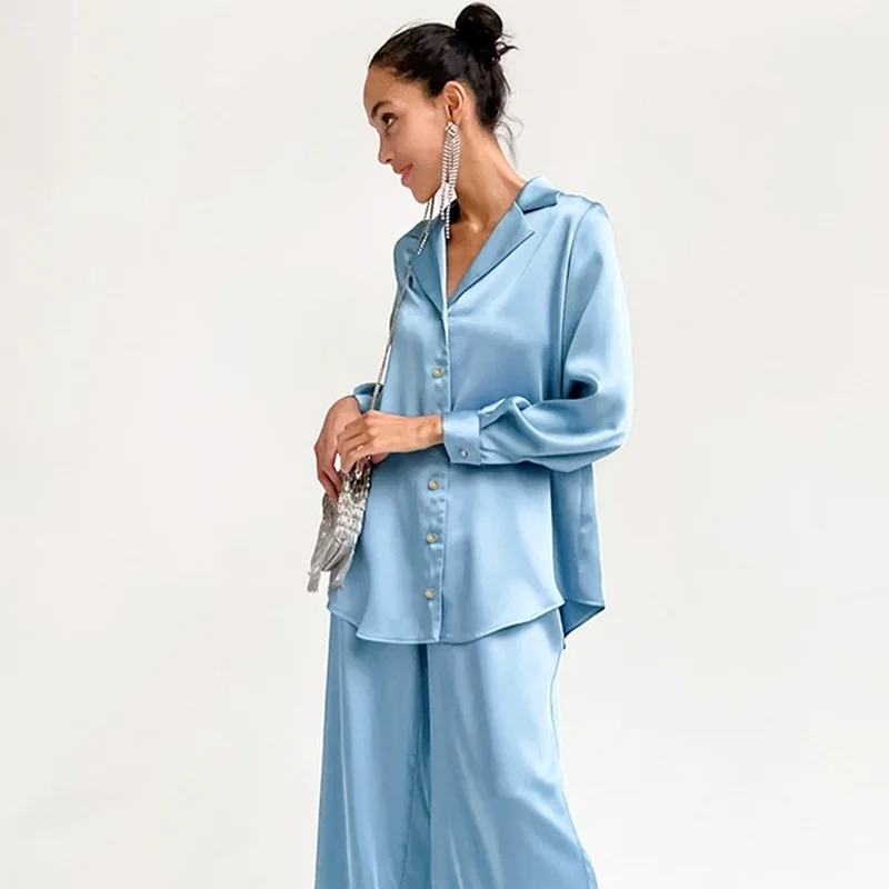 

Women's Pajamas2022 Summer Fashion Ice Silk Shirt Pyjamas Loose Loungewear Trouser Suits Sleepwear Set Woman 2 Pieces Pijama