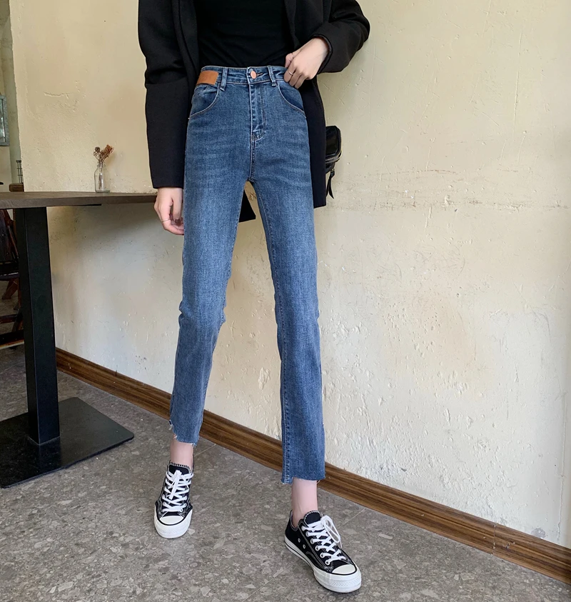 N1763  New high-waist slim-fit cropped trousers jeans with irregular raw edges and slits