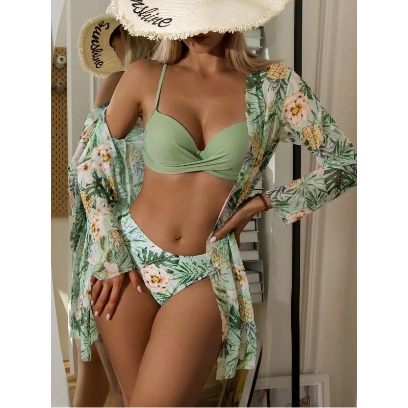 

Fashion New European and American Three-piece Swimsuit Green Leaf Print Sexy Bikini Hard Bag Bikini Women