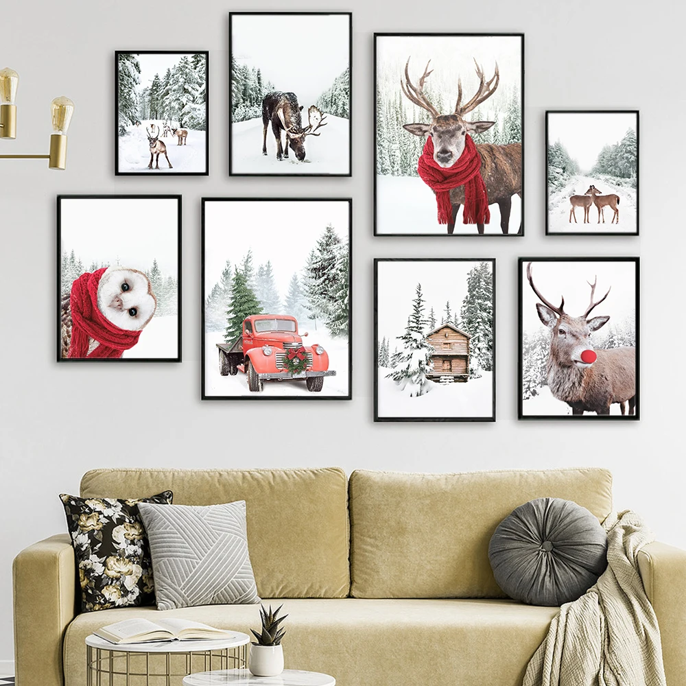 

Winter Wonderland Moose Print Snowy Cabin Forest Christmas Wall Canvas Painting Nordic Modern Living Room Home Decor Poster