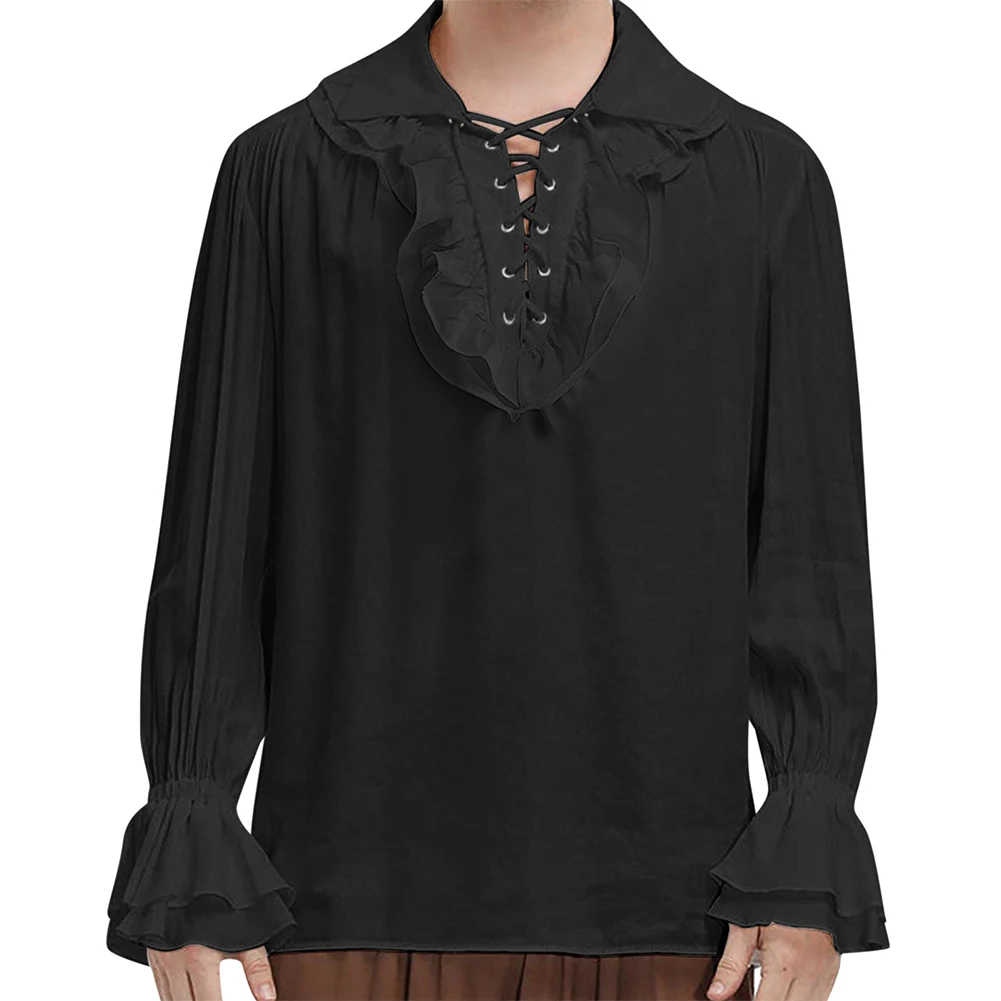 

Men Ruffled Sleeves And Neckline Pirate Vampire Colonial Blouse Renaissance Medieval Gothic Shirt Solid Cosplay Men's Shirts