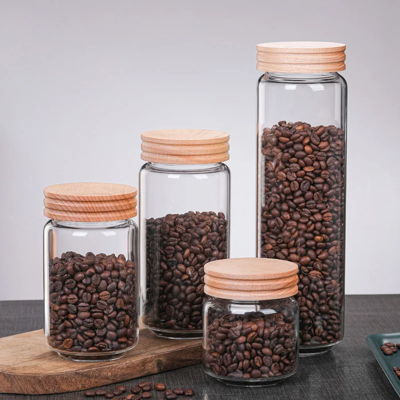 

1000ml Glass Storage Jar Wooden Lid Sealed Jar Coffee Beans Nuts Candy Tea Storage Jars Kitchen Grains Honey Storage Container