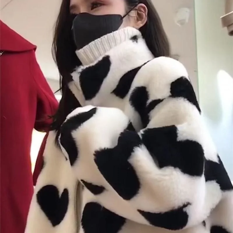 2022 Autumn And Winter New Fashion Thickened Lamb Woolen Coat Women's Love All-match Loose Imitation Fur Cotton Coat