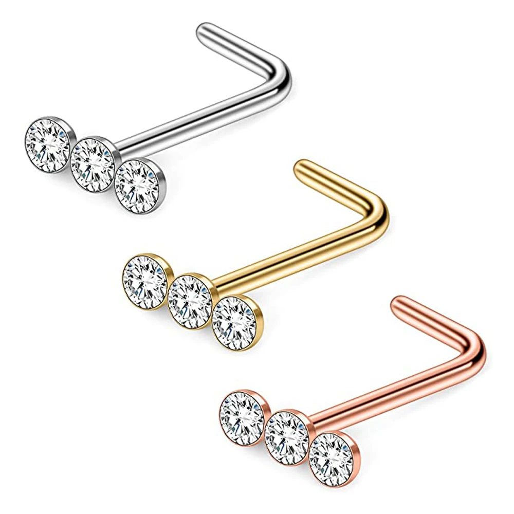 

20G Surgical Steel Triple Linear Gem Ball Round CZ Nose Stud Rings L Shaped Piercing Jewelry 3PCS