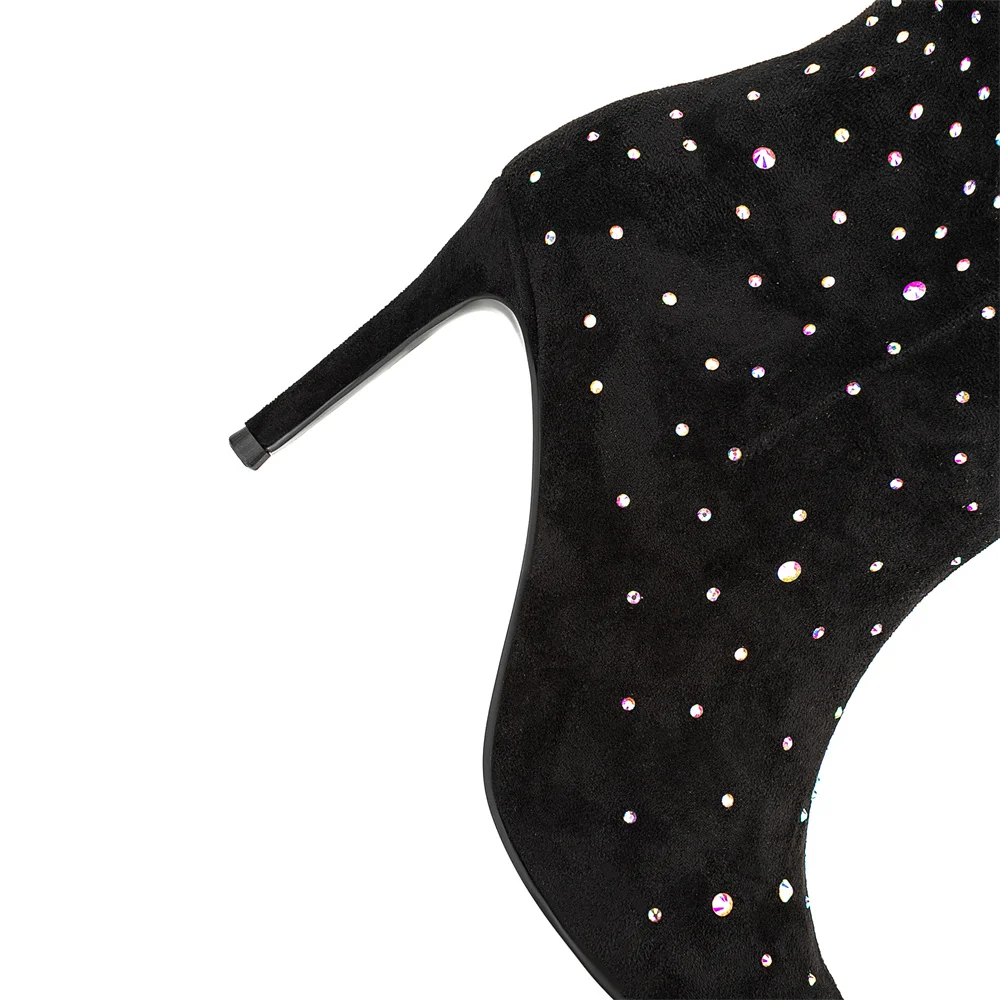 Diamond Medium Sleeve Women's Fashion Knee Length Boots Pointed Toe Stiletto Heels Autumn Crystal Loom Pleated Boots Large 45