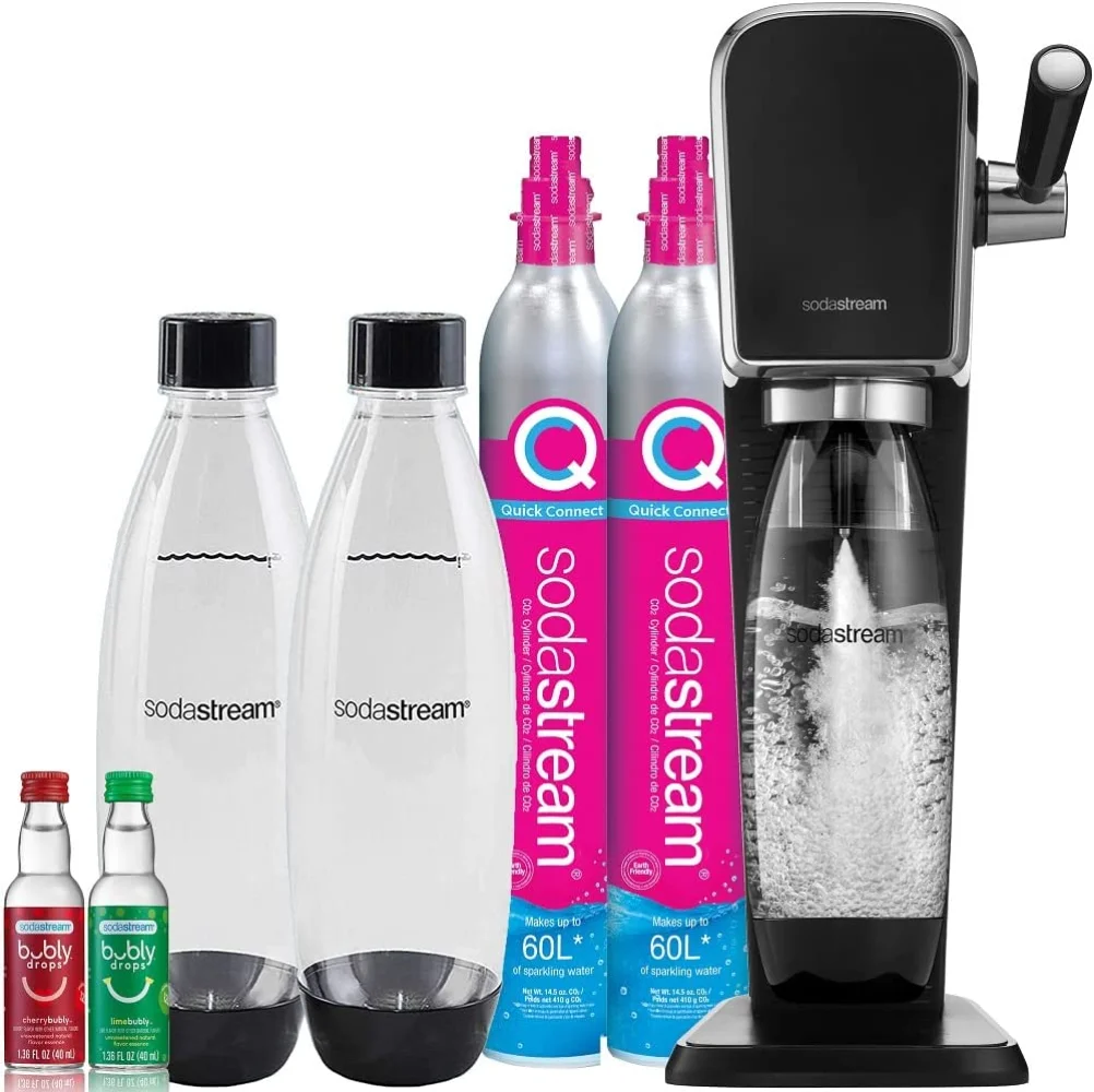 

SodaStream Art Sparkling Water Maker Bundle (Black), with CO2, DWS Bottles, and Bubly Drops Flavors,Soda Makers