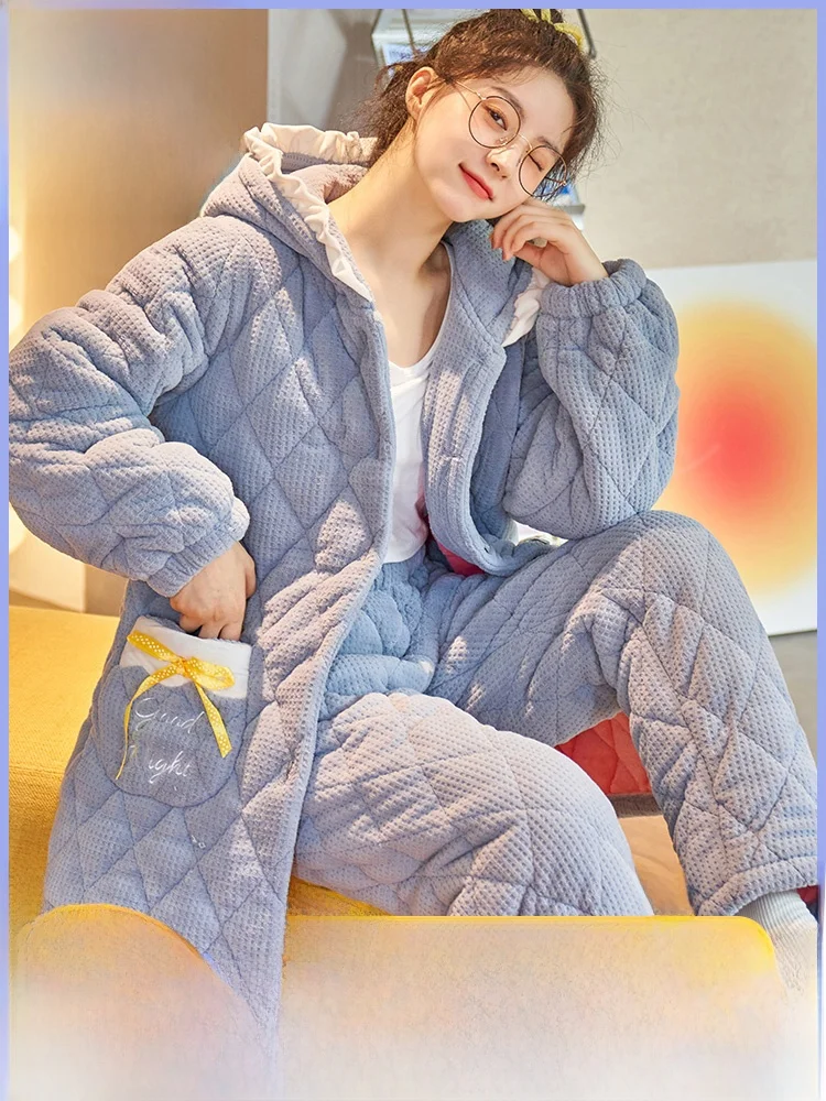 Nanjiren пижамы женские зимние три слоя стеганая очень толстая утолщенная флисовая
