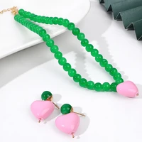 a set vintage sweet pink heart pendant earrings necklaces japanese korean trendy green beaded with pink heart necklace earring