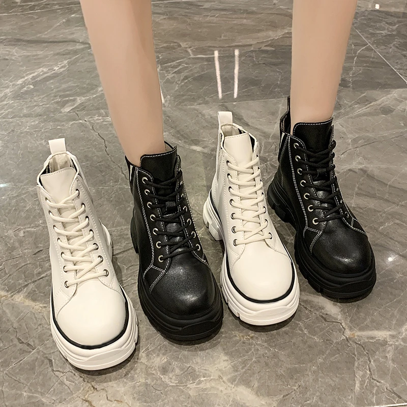 Women's flat women's shoes autumn and winter 2022 new casual white lace-up fashion vulcanized leather women's boots nude boots