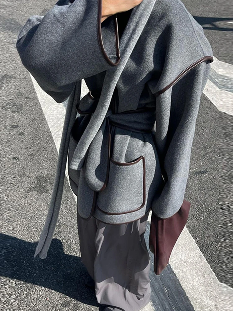 Шерстяное пальто на шнуровке куртка с завязкой талии цветное лоскутное со