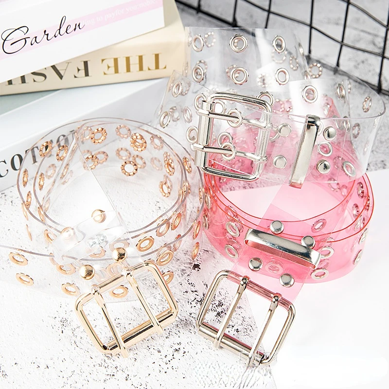 

Fashionable PVC Double Hole Air Eye Lady Belt Europe and The United States Popular Belt for Girls Jeans Accessories Pink