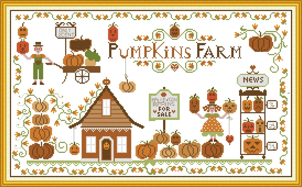 

Joy Sunday Pre-printed Cross Stitch Kit DIY Easy Pattern Aida 14/11CT Stamped Fabric Embroidery Set-Pumpkin Farm 2