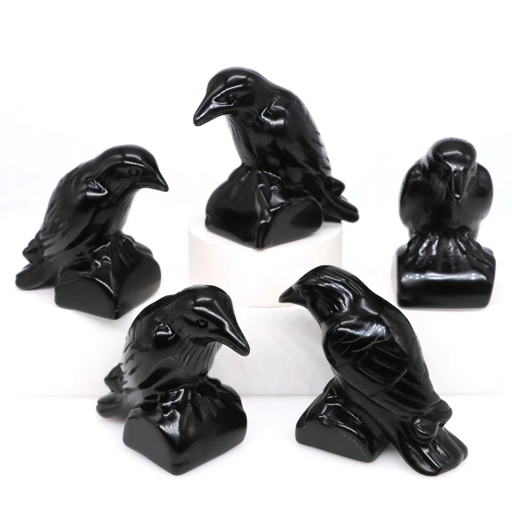

Haunted House Crow Decoration Halloween Black Raven Figurine Natural Gem Obsidian Crystal Healing Stone Carved Statue Lucky Gift