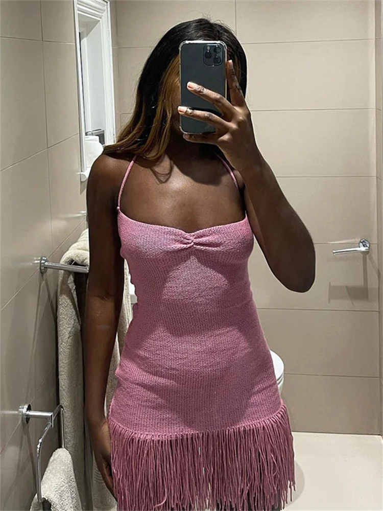 

CHRONSTYLE Women Sexy Bodycon Dress Knitted Tassels Mini Dresses Chic Backless Tie-up Halter Club Party Night Cocktail Vestidos