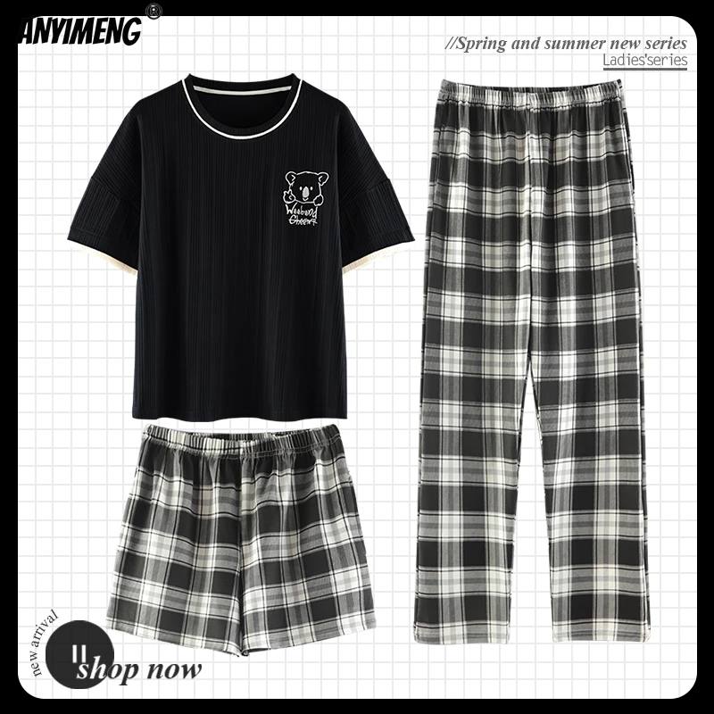 

New Dropshipping Women Pajamas Summer Shorts 3 Pieces Cotton Bedroom Set Black Koala Embroidery Chic Homewear Pajamas for Woman