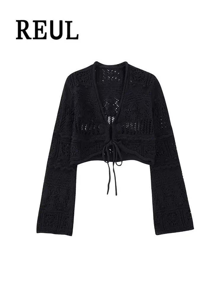 

KUL Fashion With Lace Up Knit Crop Cardigan Sweater For Women Sexy V Neck Long Loose Sleeves Female Outerwear Chic Tops TRAF