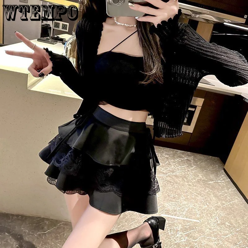 

Lolita Sweet Lace Ruffle Skirt Women's A-line Fluffy Cake Skirt Black Pure Desire Preppy Style Korean Fashion High Waist Lace-Up