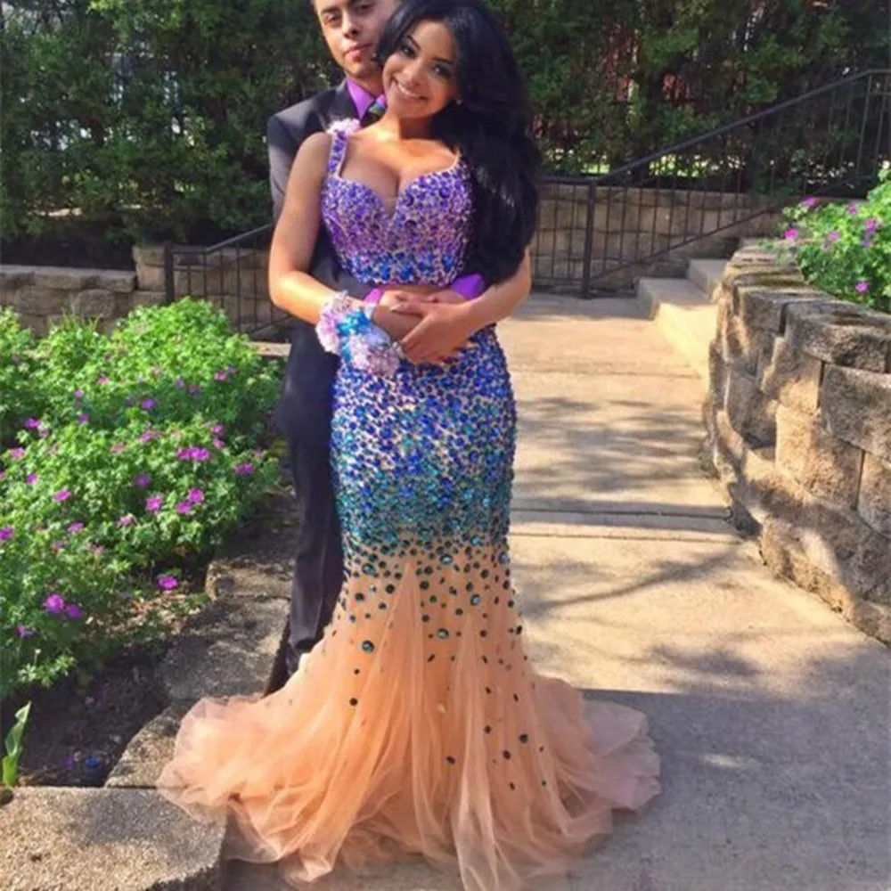 

Женское платье-Русалка для выпускного вечера, длинное вечернее платье фиолетового и синего цвета с кристаллами, 2 шт.