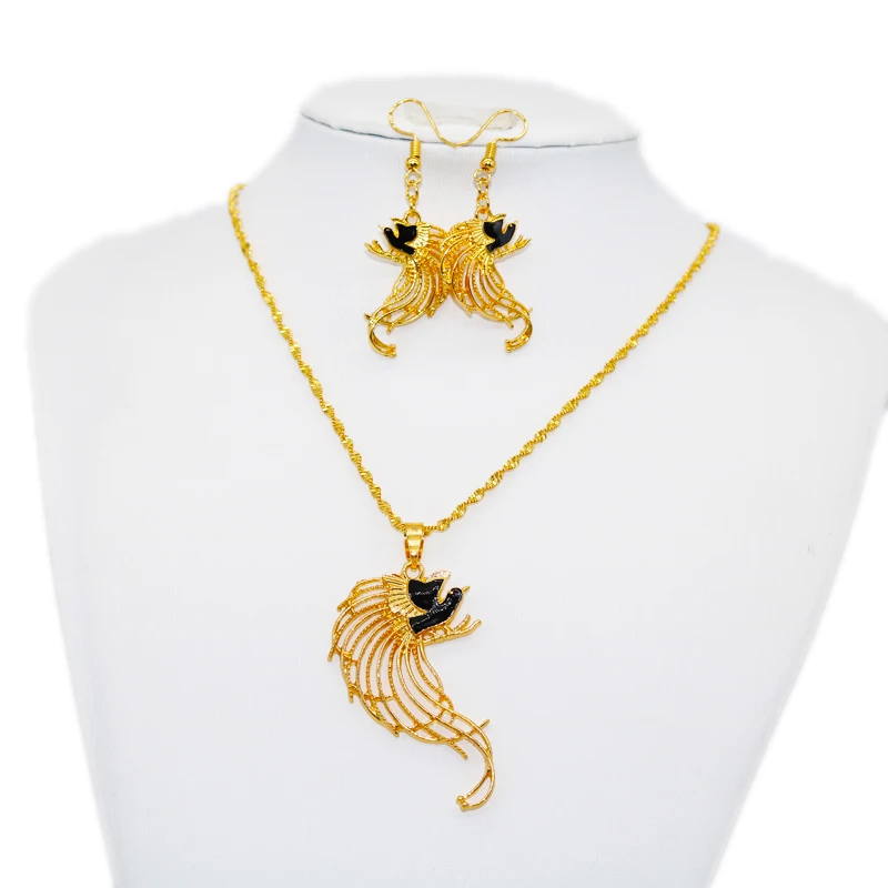 

Ethiopian Jewelry Sets for Women Gold Flamingo Pendant Earrings African Blue Birds France Arab Dubai Black Color Gift