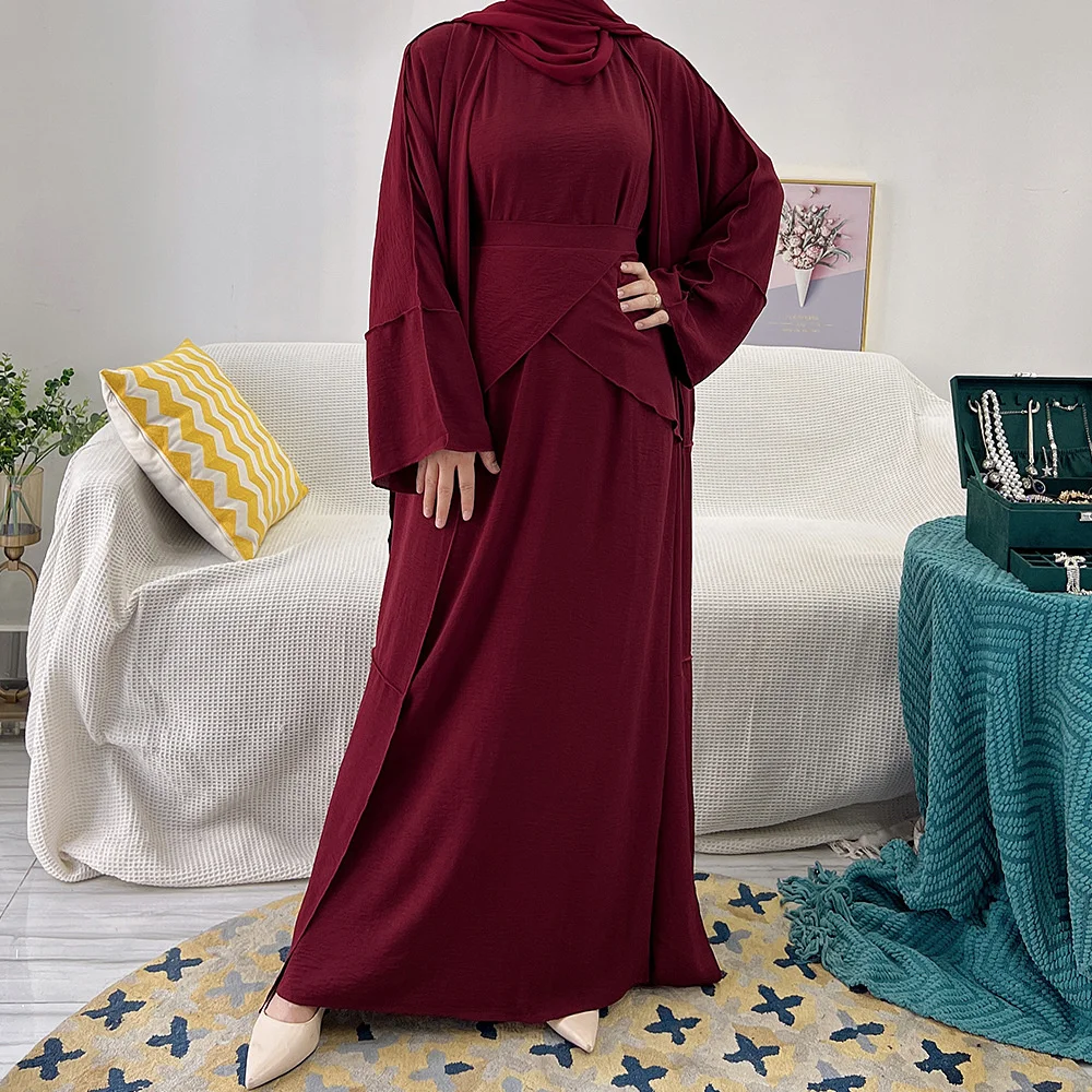 Muslim Long Short Sleeve Dress+Cardigan+Belt Three Set Fashion Islamic Dubai Turkish Modest Abaya Dresses For Women Ramadan