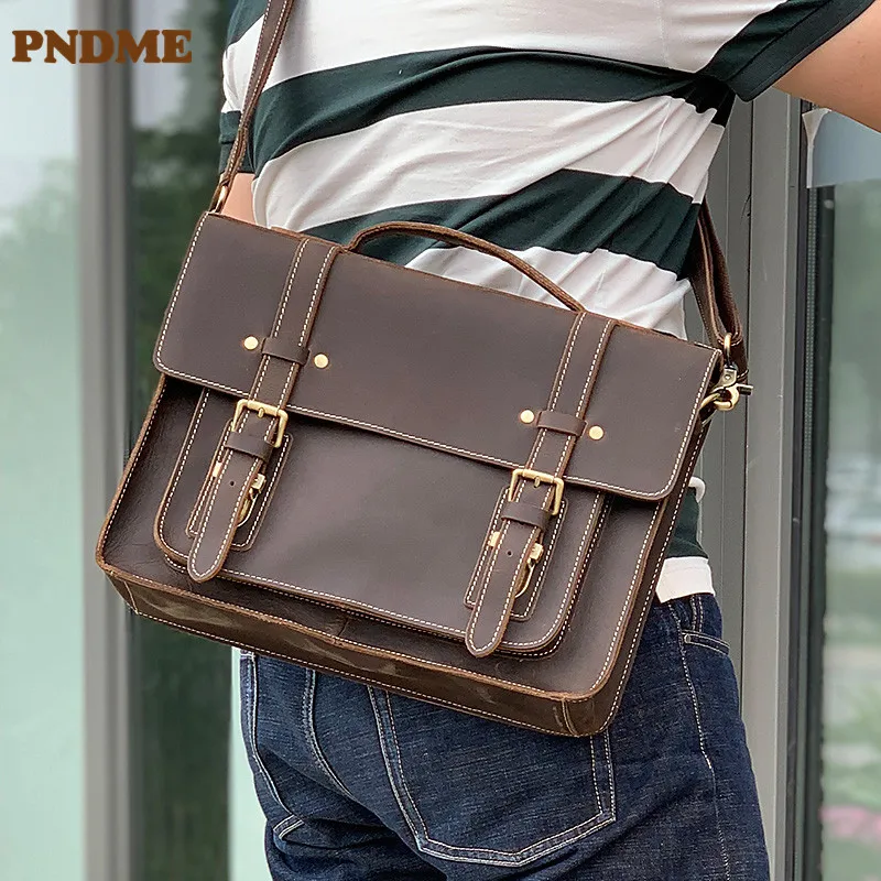 Vintage crazy horse cowhide men's briefcase business travel natural genuine leather designer office work laptop messenger bag