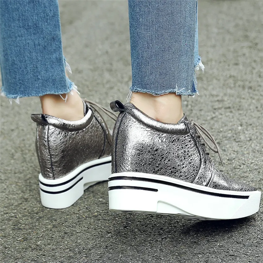 2023 Platform Shoes Women Lace Up Genuine Leather Wedges High Heel Party Pumps Female Round Toe Fashion Sneakers Casual Shoes