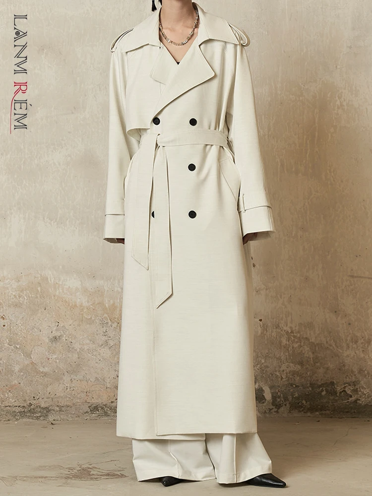 

[LANMREM] High End Lace-up Design Split Trench For Women Double Breasted Long Sleeve Windbreak Fashion Outwear 2023 Autumn New 2