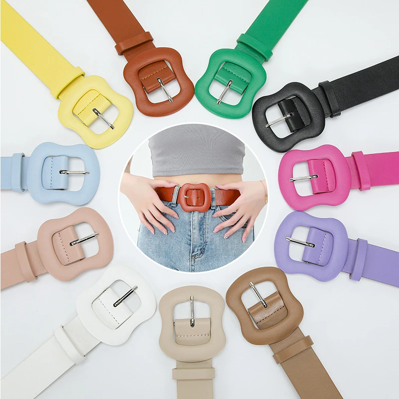 

Ремень для джинсов и пальто, повседневный пояс карамельных цветов из искусственной кожи, с пряжкой с язычком, модный однотонный широкий